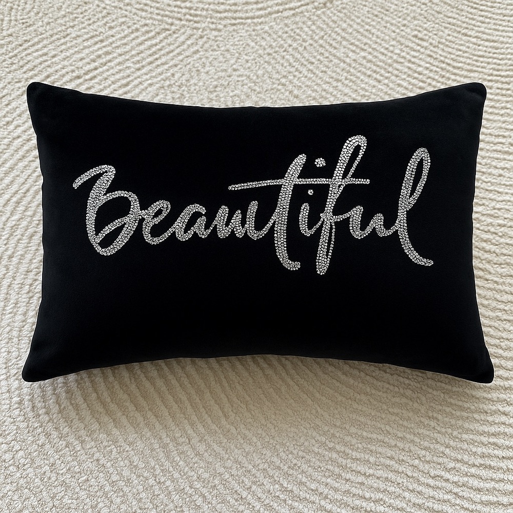 H&M Black Velvet Pillow Cover With Silver "Beautiful" In Sequins ZNWOZTZ